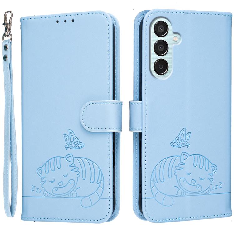Custodia per telefono in ecopelle con cinturino e stampa a rilievo di gatto e farfalla, con protezione RFID., For Galaxy M15, For Galaxy M34 5G, For Galaxy M54