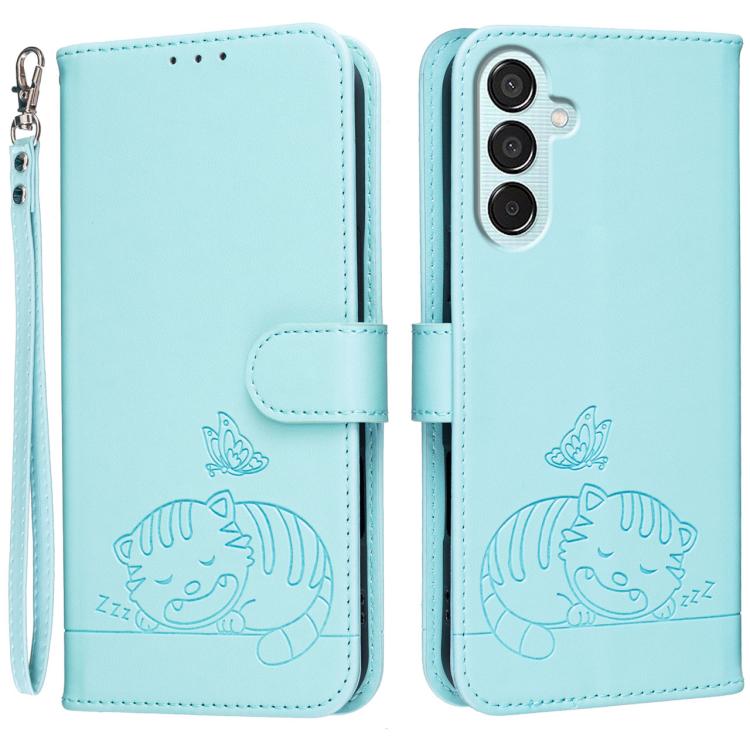 Custodia per telefono in ecopelle con cinturino e stampa a rilievo di gatto e farfalla, con protezione RFID., For Galaxy M15, For Galaxy M34 5G, For Galaxy M54