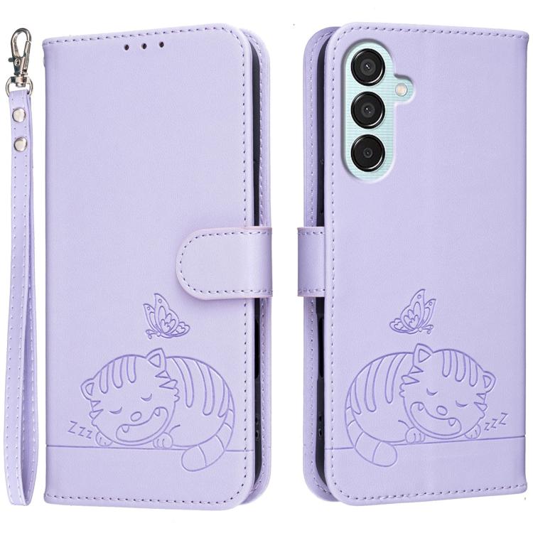 Custodia per telefono in ecopelle con cinturino e stampa a rilievo di gatto e farfalla, con protezione RFID., For Galaxy M15, For Galaxy M34 5G, For Galaxy M54
