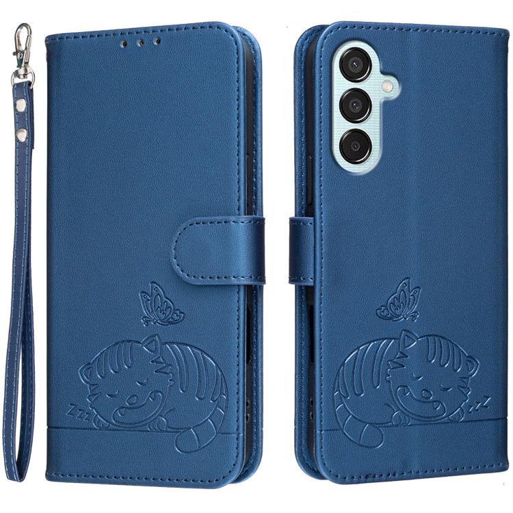 Custodia per telefono in ecopelle con cinturino e stampa a rilievo di gatto e farfalla, con protezione RFID., For Galaxy M15, For Galaxy M34 5G, For Galaxy M54
