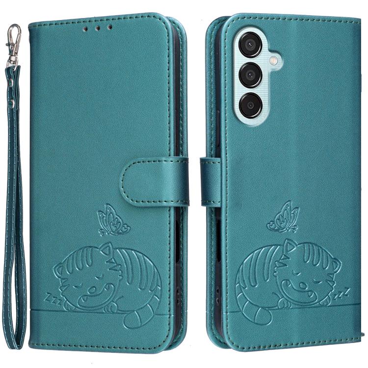 Custodia per telefono in ecopelle con cinturino e stampa a rilievo di gatto e farfalla, con protezione RFID., For Galaxy M15, For Galaxy M34 5G, For Galaxy M54