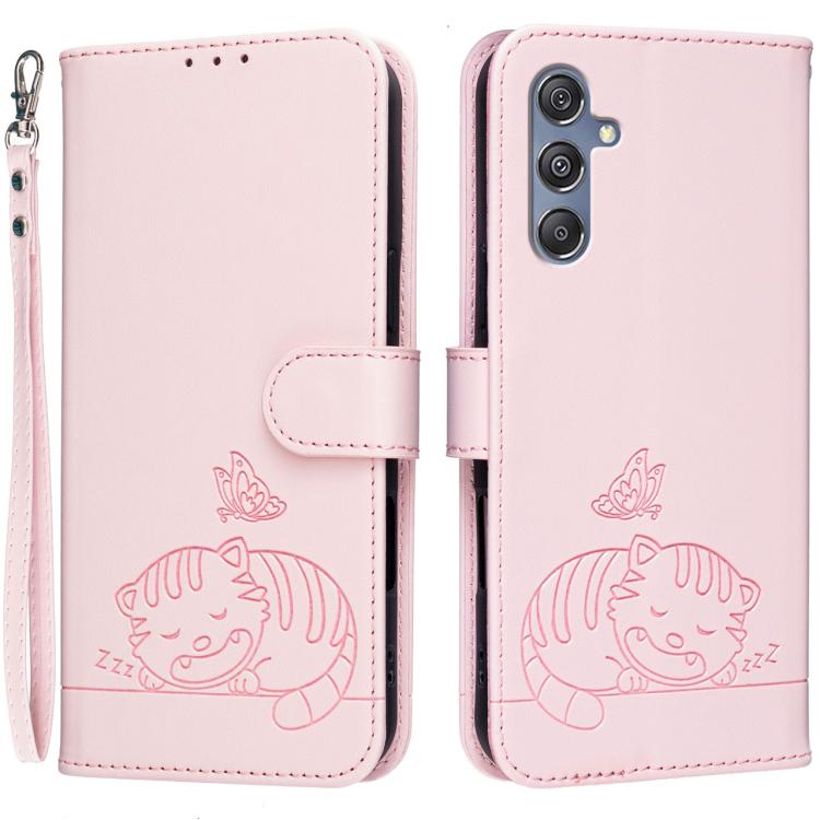Custodia per telefono in ecopelle con cinturino e stampa a rilievo di gatto e farfalla, con protezione RFID., For Galaxy F06 5G, For Galaxy M35, For Galaxy M55