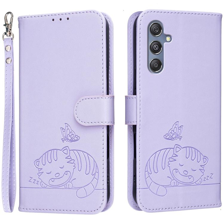 Custodia per telefono in ecopelle con cinturino e stampa a rilievo di gatto e farfalla, con protezione RFID., For Galaxy F06 5G, For Galaxy M35, For Galaxy M55