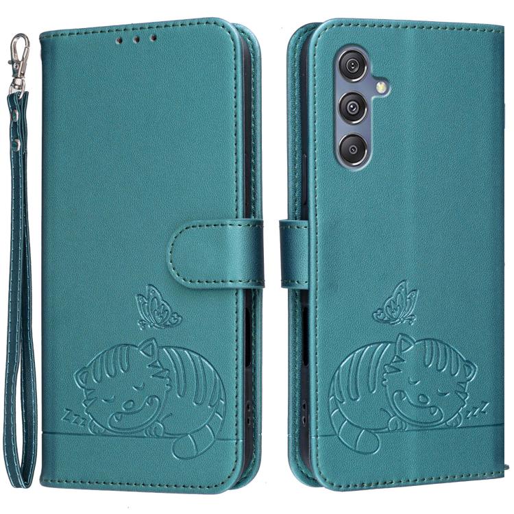 Custodia per telefono in ecopelle con cinturino e stampa a rilievo di gatto e farfalla, con protezione RFID., For Galaxy F06 5G, For Galaxy M35, For Galaxy M55