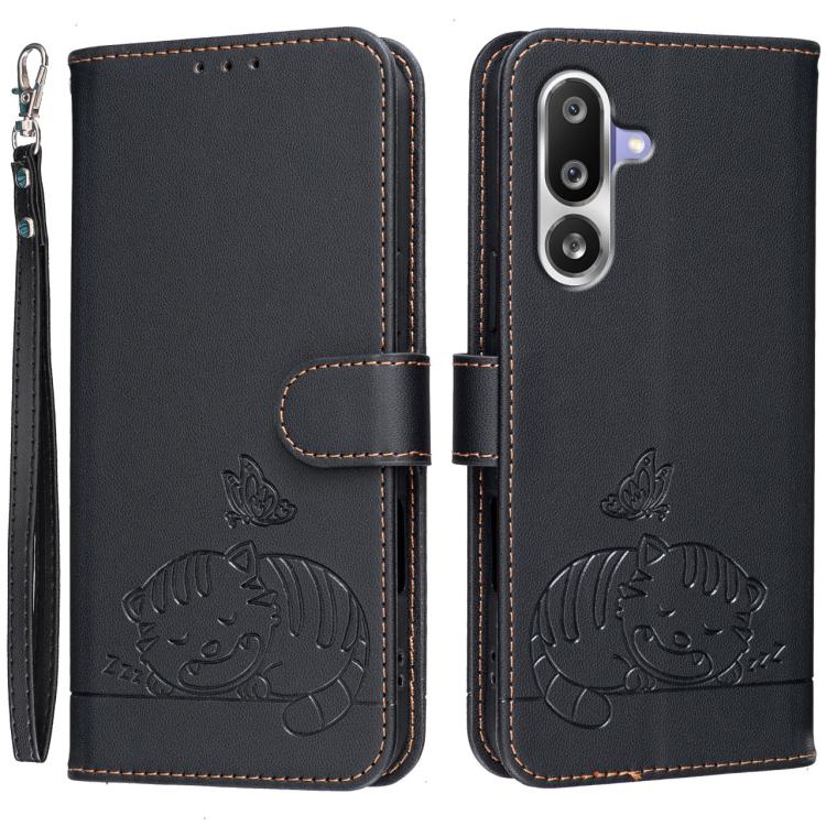 Custodia per telefono in ecopelle con cinturino e stampa a rilievo di gatto e farfalla, con protezione RFID., For Galaxy M36 5G, For Galaxy M56 5G, For Galaxy F16 5G