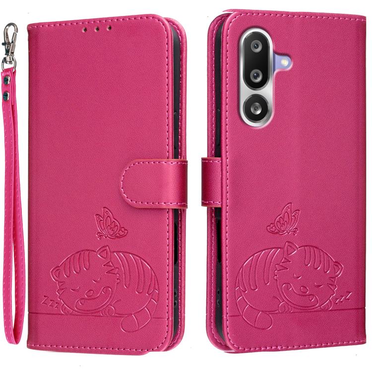 Custodia per telefono in ecopelle con cinturino e stampa a rilievo di gatto e farfalla, con protezione RFID., For Galaxy M36 5G, For Galaxy M56 5G, For Galaxy F16 5G