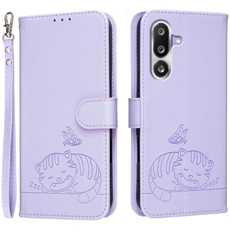 Custodia per telefono in ecopelle con cinturino e stampa a rilievo di gatto e farfalla, con protezione RFID., For Galaxy M36 5G, For Galaxy M56 5G, For Galaxy F16 5G