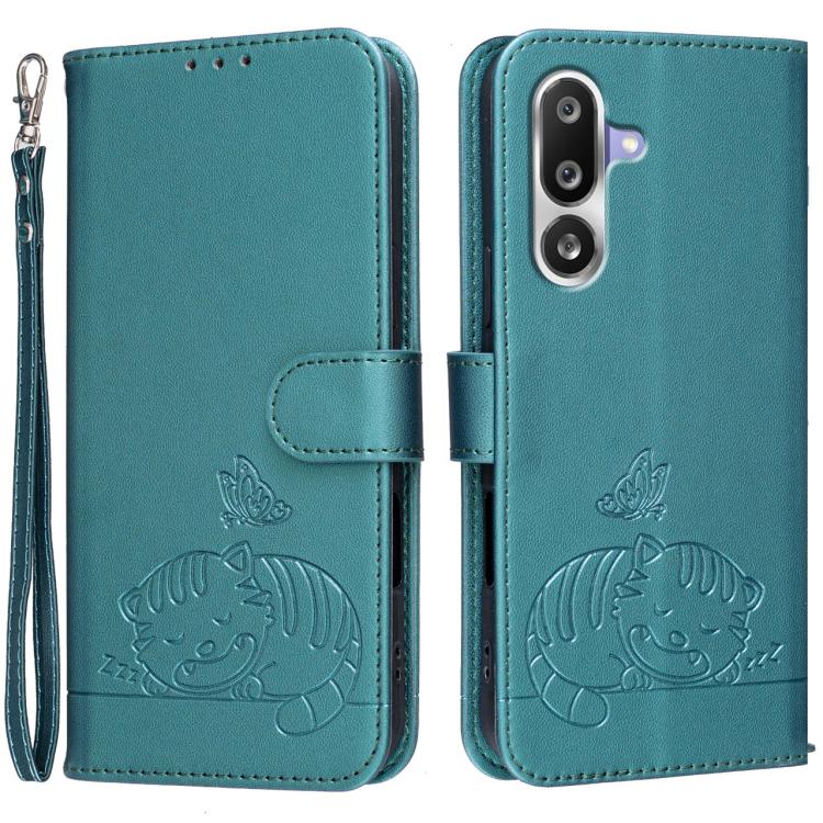 Custodia per telefono in ecopelle con cinturino e stampa a rilievo di gatto e farfalla, con protezione RFID., For Galaxy M36 5G, For Galaxy M56 5G, For Galaxy F16 5G