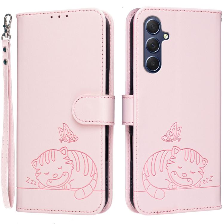 Custodia per telefono in ecopelle con cinturino e stampa a rilievo di gatto e farfalla, con protezione RFID., For Galaxy M15, For Galaxy M34 5G, For Galaxy M54