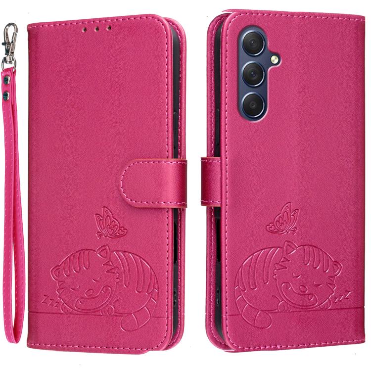 Custodia per telefono in ecopelle con cinturino e stampa a rilievo di gatto e farfalla, con protezione RFID., For Galaxy M15, For Galaxy M34 5G, For Galaxy M54