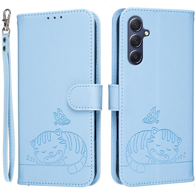 Custodia per telefono in ecopelle con cinturino e stampa a rilievo di gatto e farfalla, con protezione RFID., For Galaxy M15, For Galaxy M34 5G, For Galaxy M54