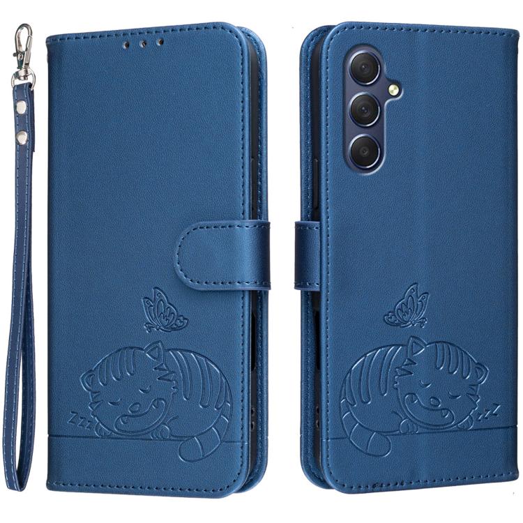 Custodia per telefono in ecopelle con cinturino e stampa a rilievo di gatto e farfalla, con protezione RFID., For Galaxy M15, For Galaxy M34 5G, For Galaxy M54