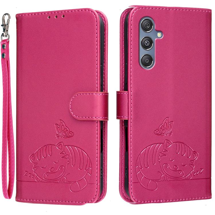 Custodia per telefono in ecopelle con cinturino e stampa a rilievo di gatto e farfalla, con protezione RFID., For Galaxy F06 5G, For Galaxy M35, For Galaxy M55
