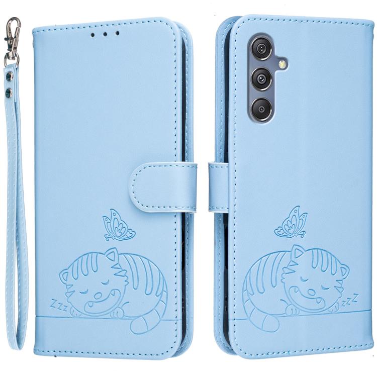 Custodia per telefono in ecopelle con cinturino e stampa a rilievo di gatto e farfalla, con protezione RFID., For Galaxy F06 5G, For Galaxy M35, For Galaxy M55