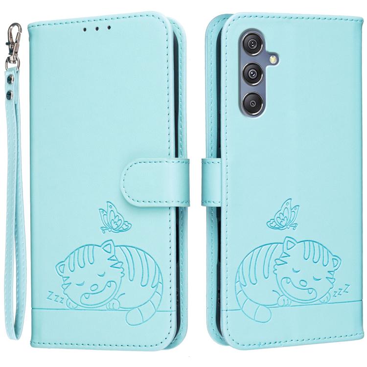 Custodia per telefono in ecopelle con cinturino e stampa a rilievo di gatto e farfalla, con protezione RFID., For Galaxy F06 5G, For Galaxy M35, For Galaxy M55