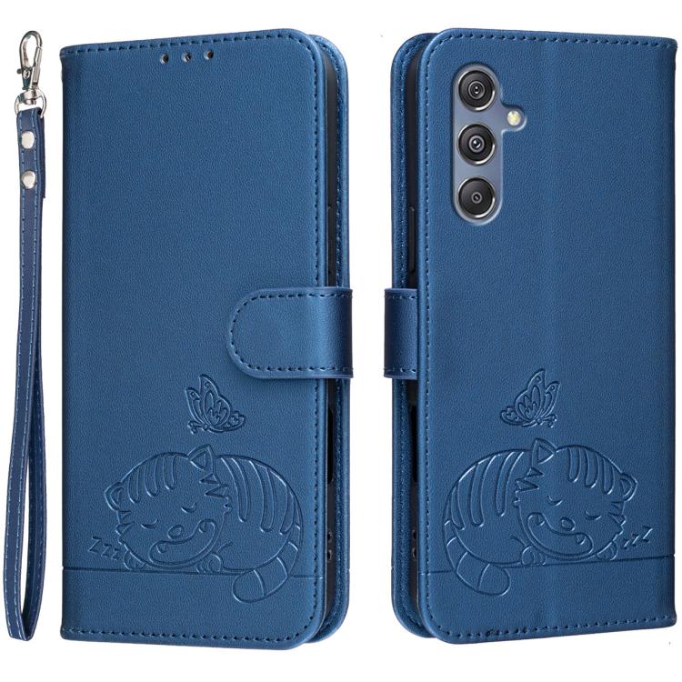 Custodia per telefono in ecopelle con cinturino e stampa a rilievo di gatto e farfalla, con protezione RFID., For Galaxy F06 5G, For Galaxy M35, For Galaxy M55