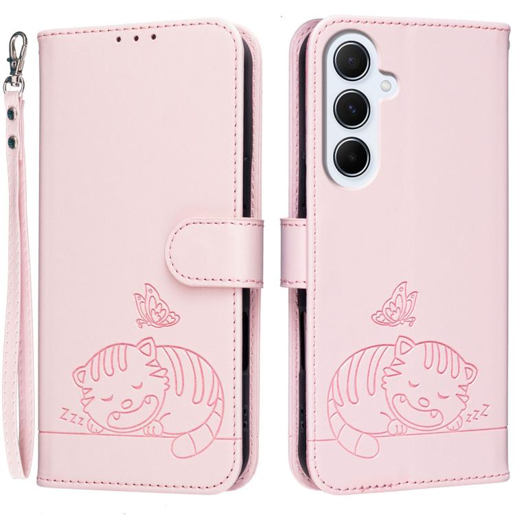 Custodia per telefono in ecopelle con cinturino e stampa a rilievo di gatto e farfalla, con protezione RFID., For Galaxy M36 5G, For Galaxy M56 5G, For Galaxy F16 5G