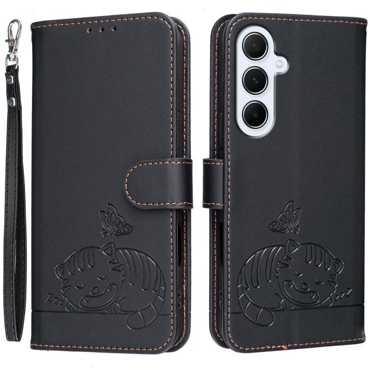 Custodia per telefono in ecopelle con cinturino e stampa a rilievo di gatto e farfalla, con protezione RFID., For Galaxy M36 5G, For Galaxy M56 5G, For Galaxy F16 5G