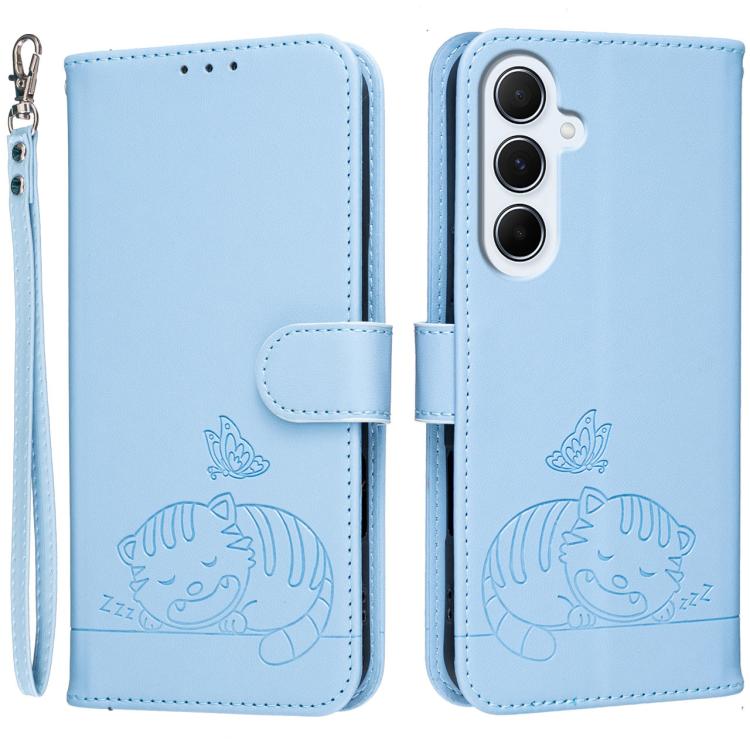 Custodia per telefono in ecopelle con cinturino e stampa a rilievo di gatto e farfalla, con protezione RFID., For Galaxy M36 5G, For Galaxy M56 5G, For Galaxy F16 5G