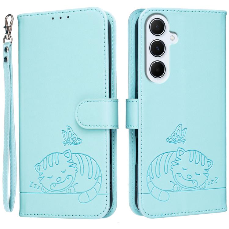 Custodia per telefono in ecopelle con cinturino e stampa a rilievo di gatto e farfalla, con protezione RFID., For Galaxy M36 5G, For Galaxy M56 5G, For Galaxy F16 5G