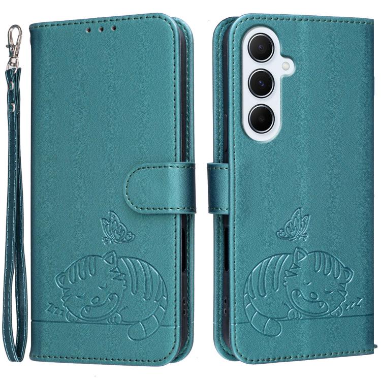 Custodia per telefono in ecopelle con cinturino e stampa a rilievo di gatto e farfalla, con protezione RFID., For Galaxy M36 5G, For Galaxy M56 5G, For Galaxy F16 5G