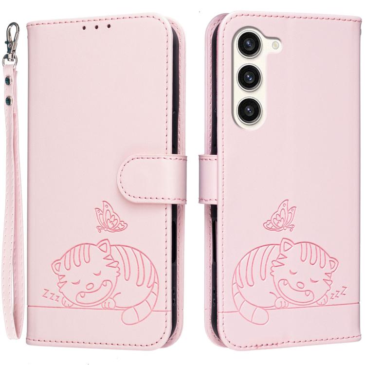 Custodia per telefono in ecopelle con cinturino e stampa a rilievo di gatto e farfalla, con protezione RFID., For Galaxy S23+ 5G, For Galaxy S23 5G