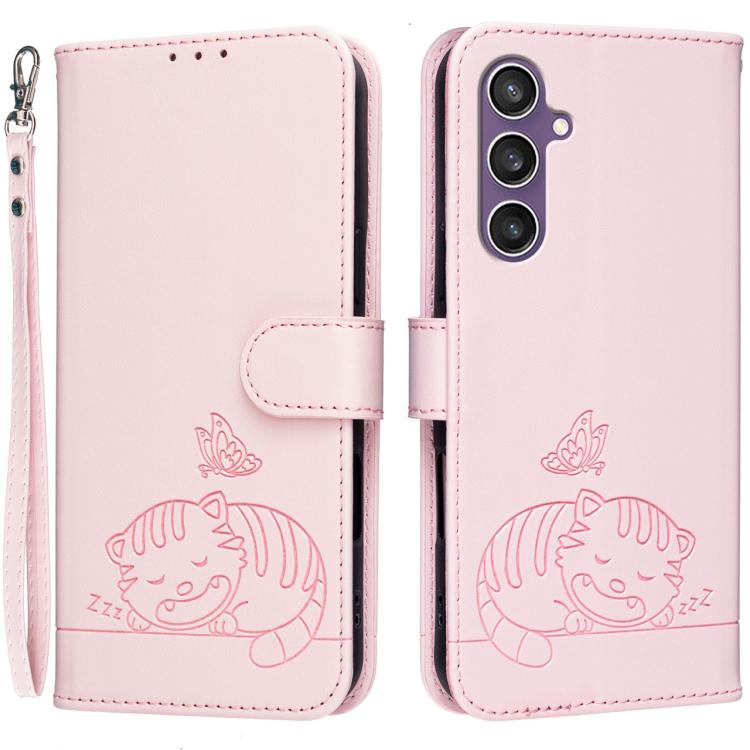 Custodia per telefono in ecopelle con cinturino e stampa a rilievo di gatto e farfalla, con protezione RFID., For Galaxy S24 5G, For Galaxy S23 FE 5G, For Galaxy S23 Ultra 5G