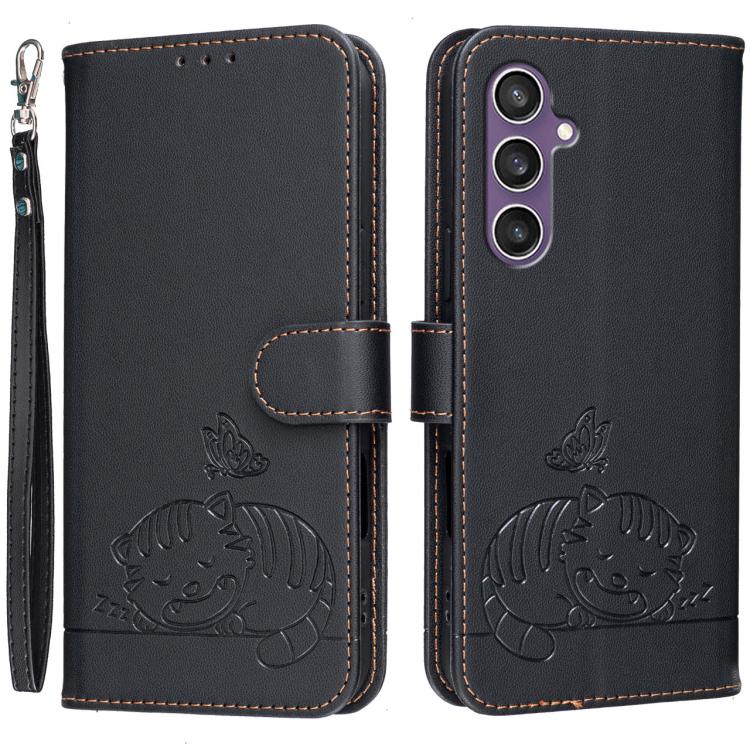 Custodia per telefono in ecopelle con cinturino e stampa a rilievo di gatto e farfalla, con protezione RFID., For Galaxy S24 5G, For Galaxy S23 FE 5G, For Galaxy S23 Ultra 5G