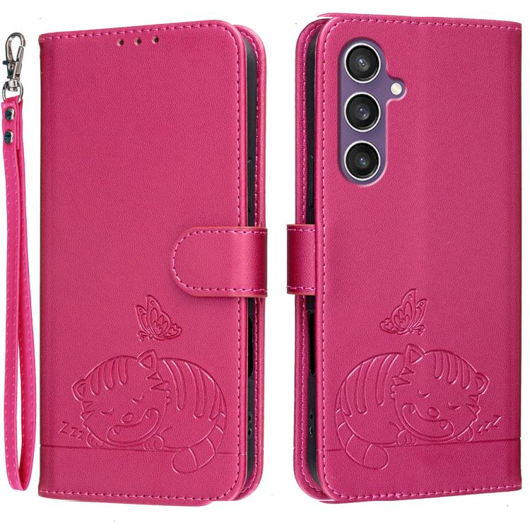 Custodia per telefono in ecopelle con cinturino e stampa a rilievo di gatto e farfalla, con protezione RFID., For Galaxy S24 5G, For Galaxy S23 FE 5G, For Galaxy S23 Ultra 5G