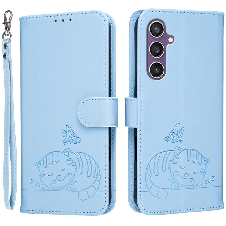 Custodia per telefono in ecopelle con cinturino e stampa a rilievo di gatto e farfalla, con protezione RFID., For Galaxy S24 5G, For Galaxy S23 FE 5G, For Galaxy S23 Ultra 5G