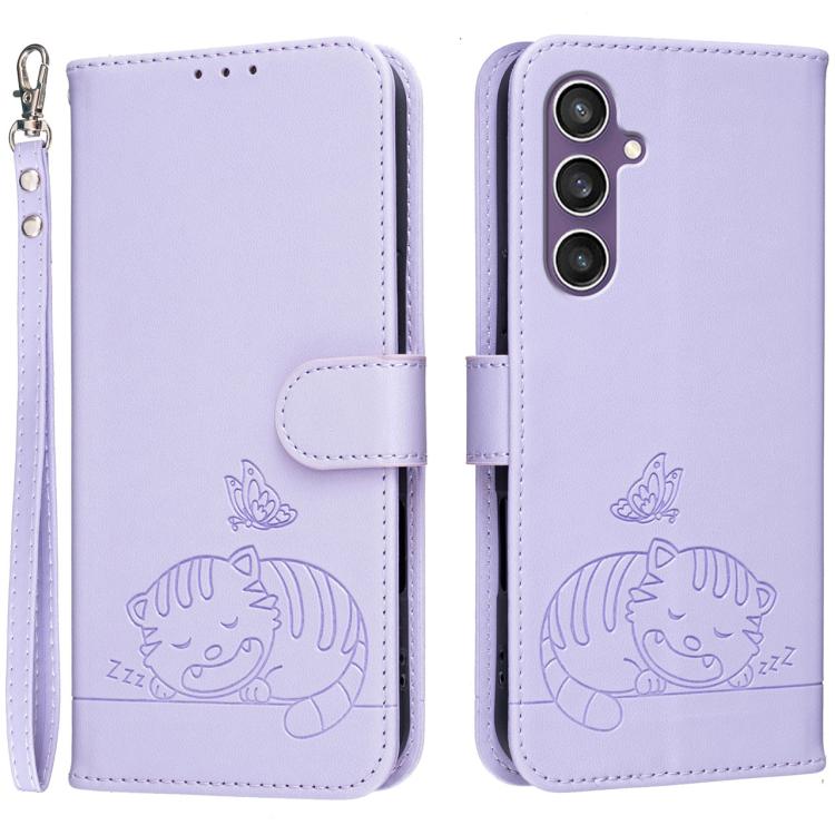 Custodia per telefono in ecopelle con cinturino e stampa a rilievo di gatto e farfalla, con protezione RFID., For Galaxy S24 5G, For Galaxy S23 FE 5G, For Galaxy S23 Ultra 5G