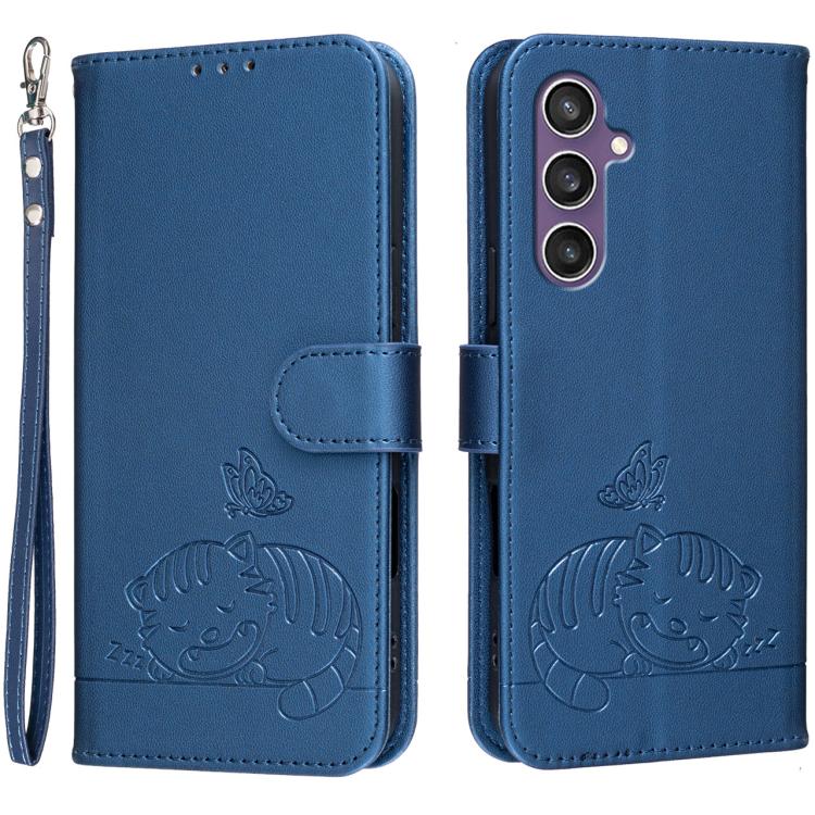 Custodia per telefono in ecopelle con cinturino e stampa a rilievo di gatto e farfalla, con protezione RFID., For Galaxy S24 5G, For Galaxy S23 FE 5G, For Galaxy S23 Ultra 5G