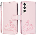 Custodia per telefono in ecopelle con cinturino e stampa a rilievo di gatto e farfalla, con protezione RFID., For Galaxy S23+ 5G, For Galaxy S23 5G
