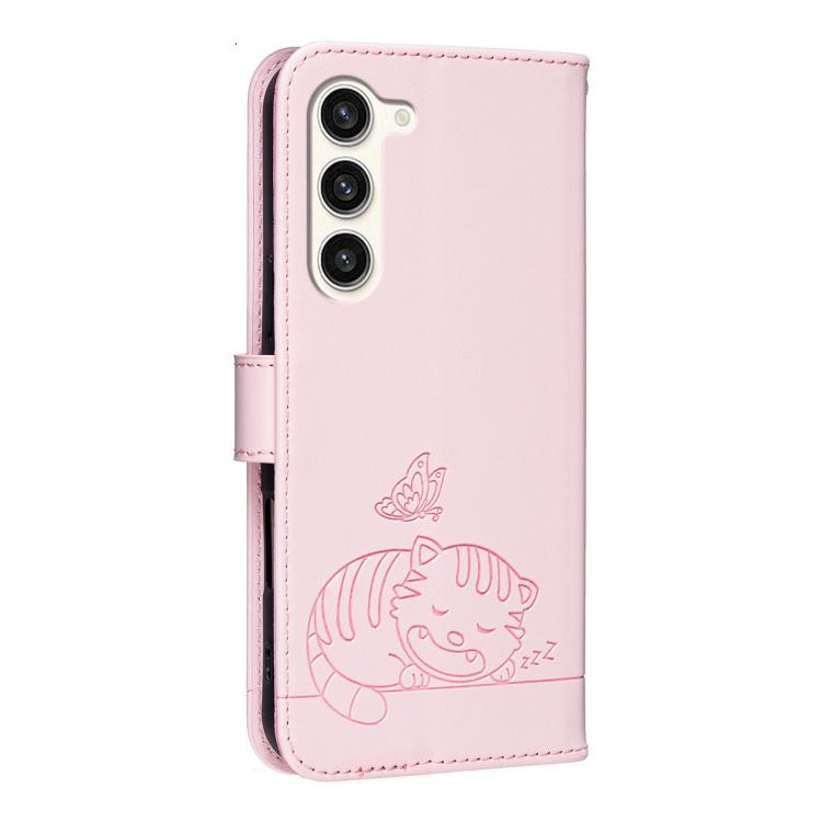 Custodia per telefono in ecopelle con cinturino e stampa a rilievo di gatto e farfalla, con protezione RFID., For Galaxy S23+ 5G, For Galaxy S23 5G