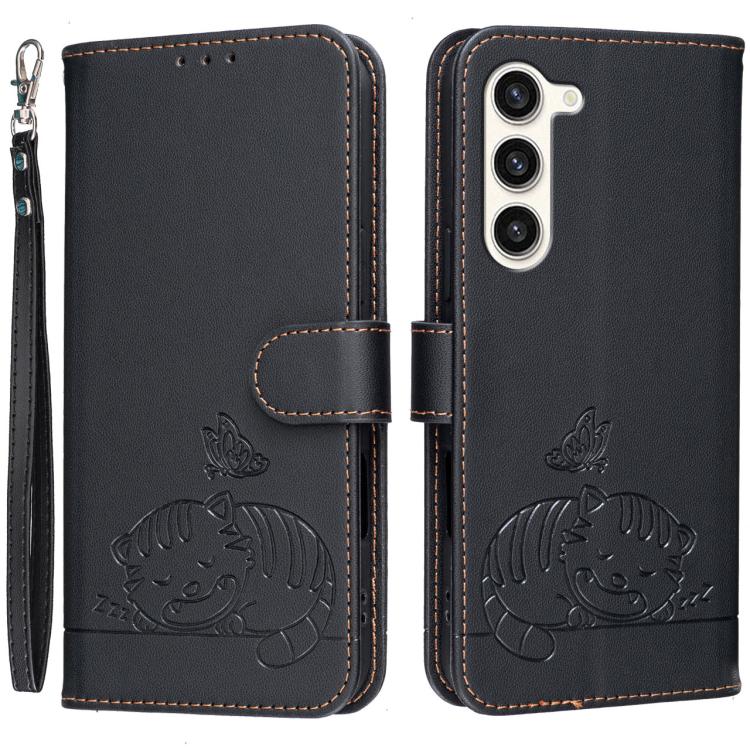 Custodia per telefono in ecopelle con cinturino e stampa a rilievo di gatto e farfalla, con protezione RFID., For Galaxy S23+ 5G, For Galaxy S23 5G