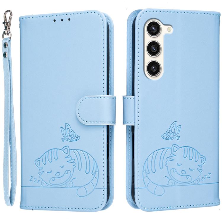 Custodia per telefono in ecopelle con cinturino e stampa a rilievo di gatto e farfalla, con protezione RFID., For Galaxy S23+ 5G, For Galaxy S23 5G