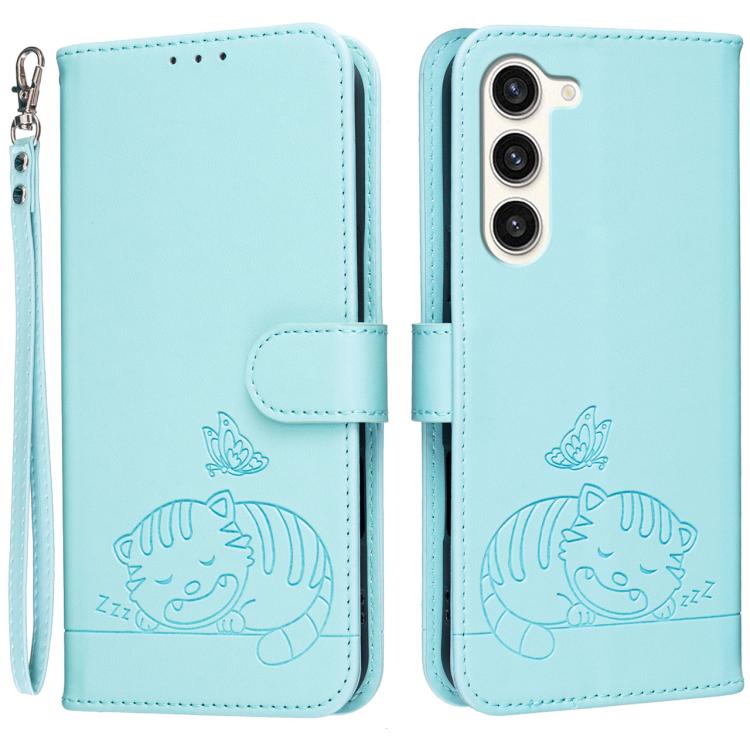 Custodia per telefono in ecopelle con cinturino e stampa a rilievo di gatto e farfalla, con protezione RFID., For Galaxy S23+ 5G, For Galaxy S23 5G