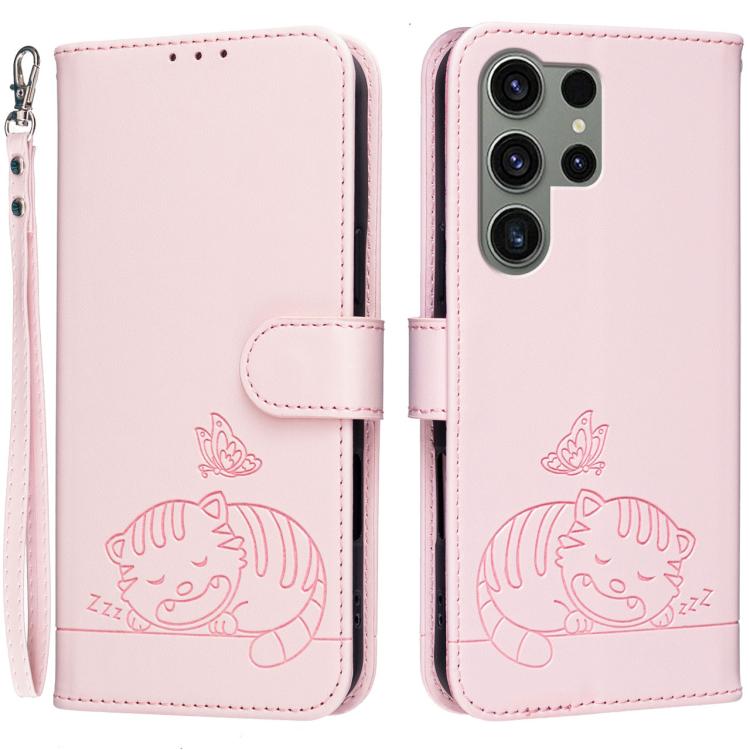 Custodia per telefono in ecopelle con cinturino e stampa a rilievo di gatto e farfalla, con protezione RFID., For Galaxy S24 5G, For Galaxy S23 FE 5G, For Galaxy S23 Ultra 5G