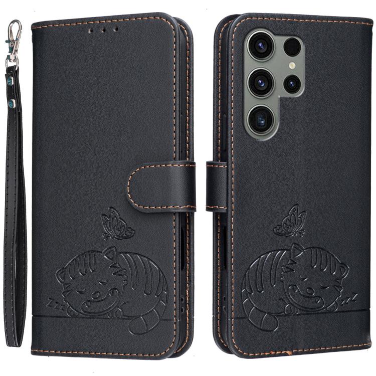 Custodia per telefono in ecopelle con cinturino e stampa a rilievo di gatto e farfalla, con protezione RFID., For Galaxy S24 5G, For Galaxy S23 FE 5G, For Galaxy S23 Ultra 5G