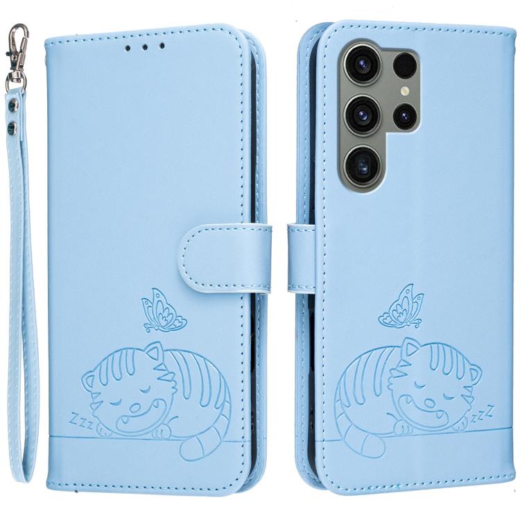 Custodia per telefono in ecopelle con cinturino e stampa a rilievo di gatto e farfalla, con protezione RFID., For Galaxy S24 5G, For Galaxy S23 FE 5G, For Galaxy S23 Ultra 5G
