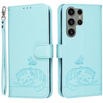 Custodia per telefono in ecopelle con cinturino e stampa a rilievo di gatto e farfalla, con protezione RFID., For Galaxy S24 5G, For Galaxy S23 FE 5G, For Galaxy S23 Ultra 5G