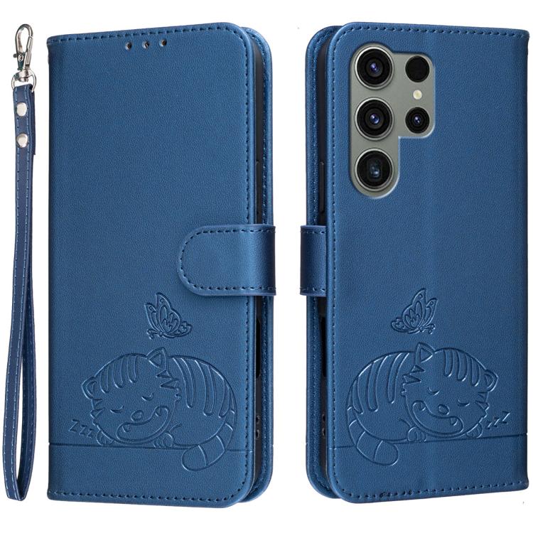 Custodia per telefono in ecopelle con cinturino e stampa a rilievo di gatto e farfalla, con protezione RFID., For Galaxy S24 5G, For Galaxy S23 FE 5G, For Galaxy S23 Ultra 5G