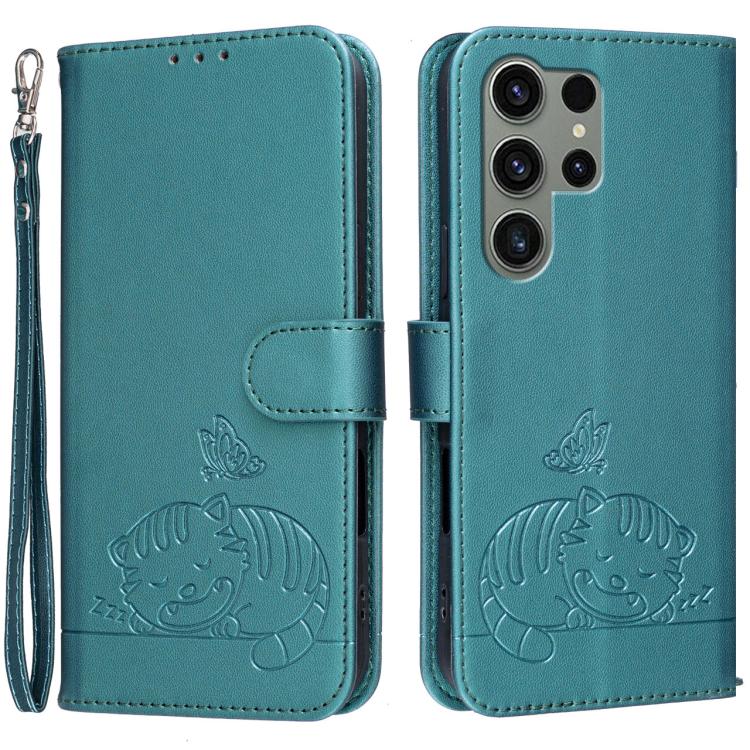 Custodia per telefono in ecopelle con cinturino e stampa a rilievo di gatto e farfalla, con protezione RFID., For Galaxy S24 5G, For Galaxy S23 FE 5G, For Galaxy S23 Ultra 5G