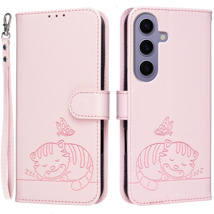 Custodia per telefono in ecopelle con cinturino e stampa a rilievo di gatto e farfalla, con protezione RFID., For Galaxy S24 5G, For Galaxy S23 FE 5G, For Galaxy S23 Ultra 5G