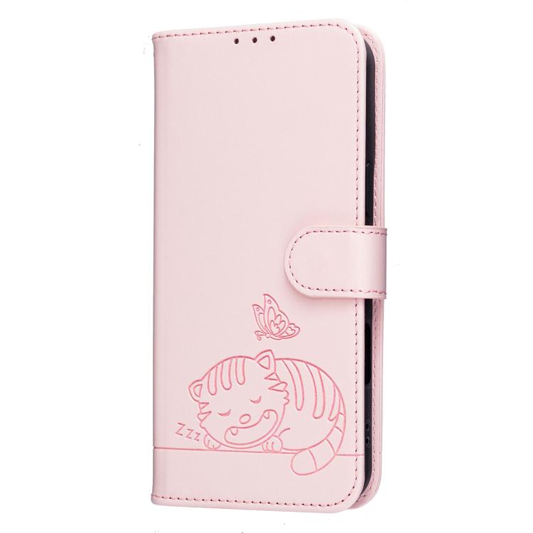Custodia per telefono in ecopelle con cinturino e stampa a rilievo di gatto e farfalla, con protezione RFID., For Galaxy S24 5G, For Galaxy S23 FE 5G, For Galaxy S23 Ultra 5G