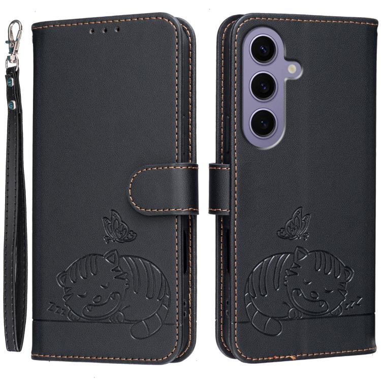Custodia per telefono in ecopelle con cinturino e stampa a rilievo di gatto e farfalla, con protezione RFID., For Galaxy S24 5G, For Galaxy S23 FE 5G, For Galaxy S23 Ultra 5G