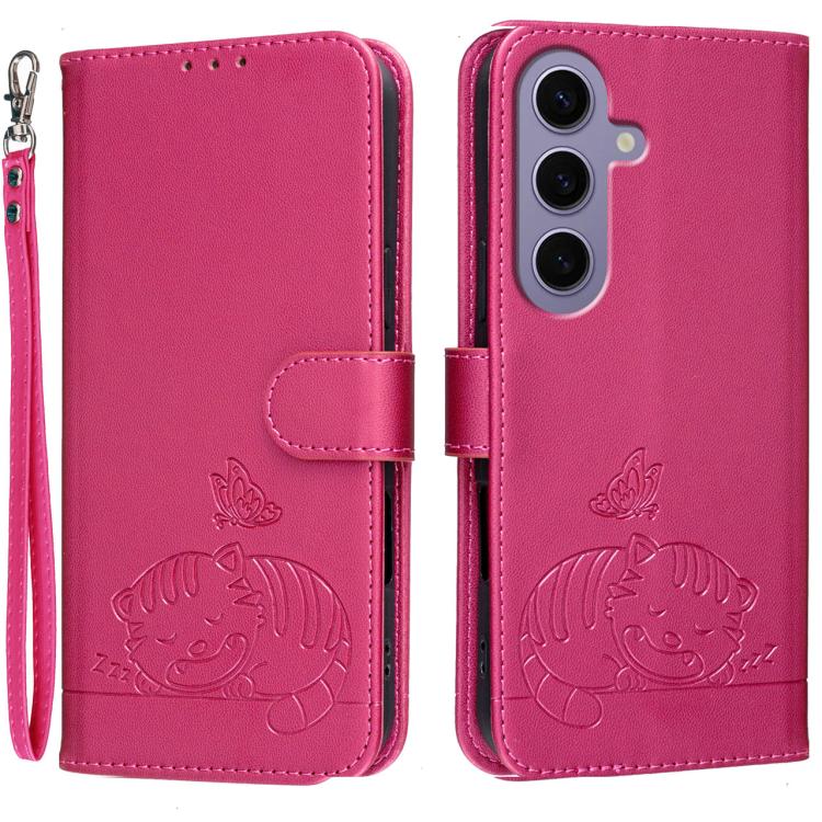 Custodia per telefono in ecopelle con cinturino e stampa a rilievo di gatto e farfalla, con protezione RFID., For Galaxy S24 5G, For Galaxy S23 FE 5G, For Galaxy S23 Ultra 5G