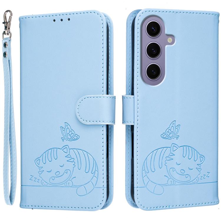 Custodia per telefono in ecopelle con cinturino e stampa a rilievo di gatto e farfalla, con protezione RFID., For Galaxy S24 5G, For Galaxy S23 FE 5G, For Galaxy S23 Ultra 5G