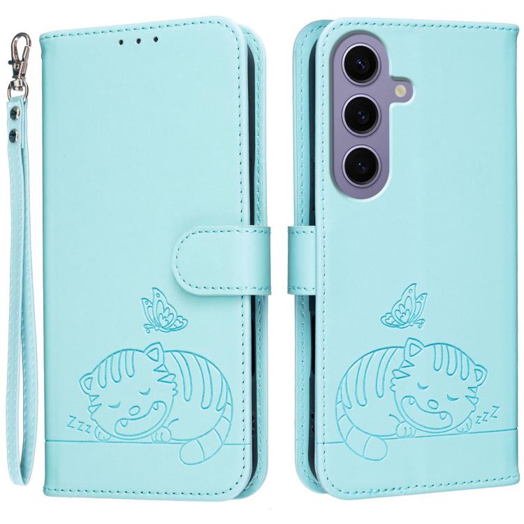 Custodia per telefono in ecopelle con cinturino e stampa a rilievo di gatto e farfalla, con protezione RFID., For Galaxy S24 5G, For Galaxy S23 FE 5G, For Galaxy S23 Ultra 5G