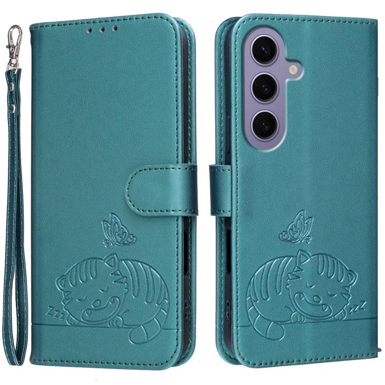 Custodia per telefono in ecopelle con cinturino e stampa a rilievo di gatto e farfalla, con protezione RFID., For Galaxy S24 5G, For Galaxy S23 FE 5G, For Galaxy S23 Ultra 5G